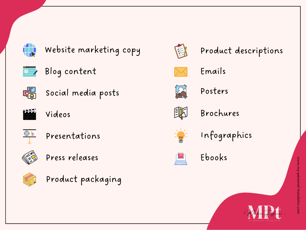 List of marketing-related materials that may require marketing translation when going international.
